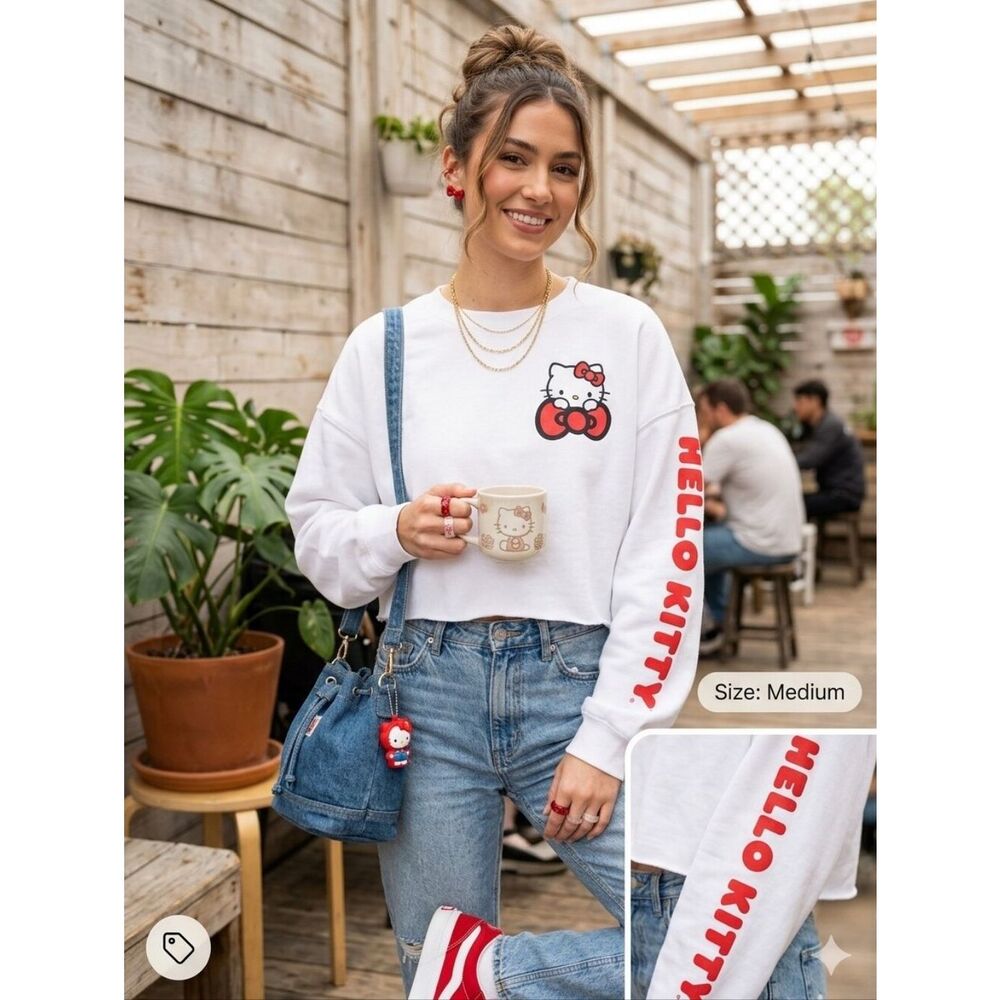 Hello Kitty White Cropped Crewneck Sweatshirt - Size M